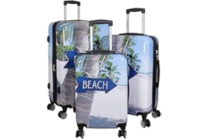 Trendyshop365 Hartschale Koffer-Set 3-teilig Beach 4 Räder Bunt Printdesign Zahlenschloss
