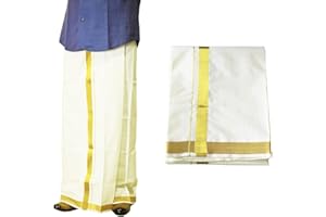 Tarini Gallery Dhoti Vesti Mundu Baumwollstoff, einlagig, cremefarben mit goldenem Zari-Rand, 2 m