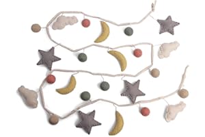 Én Gry & Sif Guirnalda de luna y estrellas de fieltro, decoración para habitación infantil, hecha a mano, decoración de pared para habitación de bebé, 190 cm, 12213