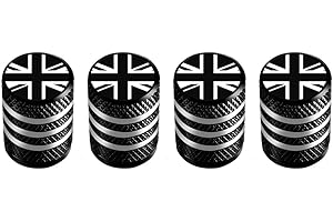 Marcraft Corrosion Resistant (Black Two-Tone) (Laser Engraved Union Jacks) Metal Tyre Wheel Alloy Valve Caps Dust Caps (4 Pack) Universal for Cars, SUVs, Bicycles, Motorcycles, Trucks | Plastic Insert