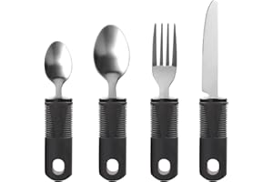 Amfrpar 4 Stück Besteck für Parkinson Patienten mit Dickem Griff Adaptive Utensilien Easy Grip Besteck Set Gabel Teelöffel Esslöffel Messer für Behinderte Menschen Senioren Ältere Arthritis (Schwarz)