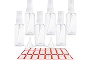 HTHL 6 PCS Set 50ML Spray Bottles Plastic Transparent Mist Spray Bottles with 2 Funnels and 1 Sheet Label Empty Travel Atomiser Refillable Liquid Containers for Perfume Cosmetic and Liquids
