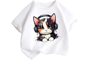 KODMNSW Girls' T-Shirt, Children's T-Shirt, Summer Tops, Cotton, Crew Neck, Short Sleeve Tops, Cat Print, Short Sleeves, Cool Clothes for Teenagers, 2-14 Years Old