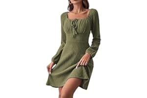 JENJON Femme Robe Pull Manches Longues Tunique Minirobe en Tricot A-Line Col Carré Taille Haute Casual Chic Robes Automne Hiver