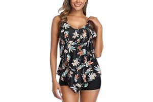 Aidotop Women 2 Piece Flounce Printed Top with Boyshorts Tankini Bathing Swimsuit