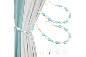 Poeland 2 Pieces Wood Bead Curtain Tiebacks, Boho Curtain Holder with Hooks, Curtain Tie Backs for Bedroom, Nursery, Dining Decoration (Blue & White)