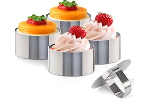 BS-VOG Coppapasta Tondi in Acciaio Inossidabile con Pressino, Set da 4 Pezzi, Anelli da 7,6 x 7,6 cm Antiaderenti. Stampi da Forno Professionali per Mousse, Cheesecake, Crumpet, Uova e Pasticceria