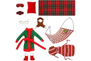 SKIKHN Accesorios Elfo Navidad, 11 Pzs de Navidad Elf muñeca Accesorios de Disfraces, Accesorios de Duendes Navideños, Saco de Dormir, Delantal, Bufanda, Gafas, Máscara de Ojos, Almohada, Albornoz