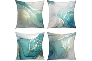 QUALKNOY Set of 4 Velvet Cushion Covers 45x45 cm, Turquoise Gold Abstract Art Modern Decorative Throw Pillow Cases 18x18 inches for Living Room Sofa Garden Outdoor Courtyard Decor Pillowcases