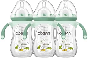 Oberni Anti-Colic Baby Bottle with Size 4 Breast-Like Teat, Non-Slip Handles, Weighted Straw for 12 Months Newborn Babies, 270ml/9oz/Green/3Pack