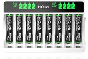 HiQuick Akku Ladegerät mit AAA Akku 8 Stück, für Mignon AA, Micro NI-MH wiederaufladbar Batterien, 8-Ladeplatz mit LCD Anzeige Akkus Ladegerät mit 8 Stück AAA Batterie