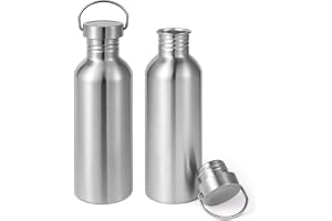 Volhoply 1000 ml enkelväggig vattenflaska utan isolering, 2-pack, rostfritt stål återanvändbar vattenflaska med handtag, BPA