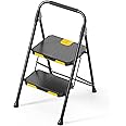 KINGRACK 2 Step Ladder, Sturdy Steel Step Stool with Safe-Lock Design, Handrail, Anti-Slip Wide Pedals, Pass 800lbs Load Testing, Folding Portable Ladder for Multi-Purpose, Home, Kitchen, Black
