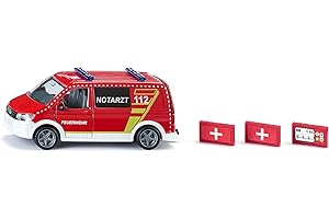 siku 2116, Ambulanza VW T6, Metallo e Plastica, 1:50, Rosso e Bianco, Ruote intercambiabili, Portellone e portiere dell'autista e del passeggero apribili, Con accessori