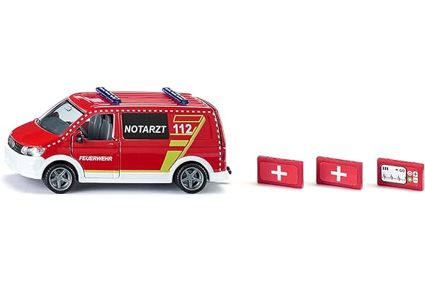 siku 2116, VW T6 Ambulance, métal/plastique, 1:50, rouge/blanc, roues interchangeables, Portières Conducteur, Passager et Hayon ouvrables, Accessoires inclus,