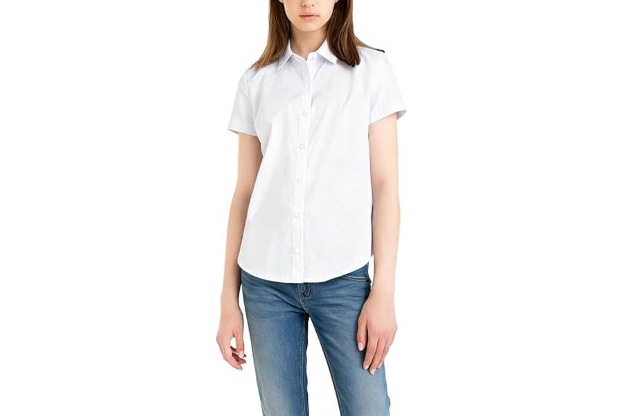 LXEASYGO Girls School Shirts Short Sleeve Classic Revere Collar School Blouses Casual Button-Down Uniform Tops Age 5-16