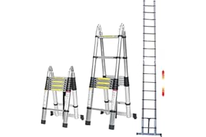 YIYAI Telescopic Ladder 5M with Stabiliser, Multi-Purpose Foldable Step Ladder, 2.5M+2.5M Stainless Steel A-Frame Extendable Ladder Loft Ladder Adjustable Step with EN13