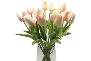 EasyLifeStore 20 Tulipani Artificiali Realistici 32 cm, Fiori Finti in PU per Decorazioni di Nozze, Casa, Giardino, Feste, Ufficio, Natale e Compleanni (rosa e champagne)