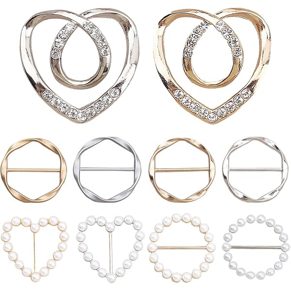6 Clip Ad Anello Per Sciarpa In Metallo – Fermacravatte E Fermacamicia Alla Moda – Forme Goccia, Cuore E Rondò Con Strass – Oro - 3