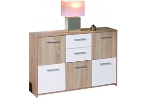 Inter Link - Cómoda - Aparador - Cómoda de 5 puertas y 2 cajones - 2 colores - Acabado melamina - Decorado roble sonoma y blanco - AxPxH : 115x30x77 cm - Elvezia