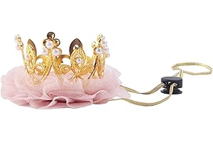 Nishine Gold/Silver Crown Headband for Dog Cat Pink Tulle Mesh Crown Tiara Pet Crown Hairband Hat Party Costume (Pearl&Gold)