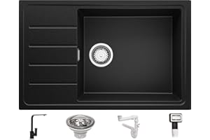 Fregadero Cocina 78 x 50 cm, Fregadero Granito Un Seno + Mezclador de Fregadero + Sifón Clásico, Fregadero Empotrado Copenhague 780 Cargo de Primagran, Negro