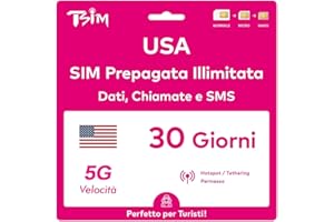 TSIM Carta SIM Prepagata USA per Viaggio 30 Giorni | Dati Illimitati 4G/5G negli USA | Chiamate Locali Illimitate | Chiamate e SMS Gratuiti in Arrivo | Carta SIM 5G Aggiornata