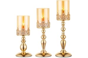 Nuptio Portacandele A Colonna con Vetro, Set di 3 Portacandele in Uragano Oro Regali per Decorazione della Casa, Portacandele A Lume di Candela Centrotavola Anniversario Matrimonio