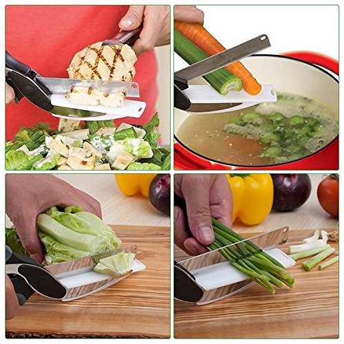 Küchenschere,Yoofor 2 in 1 Multifunktionale Clever Cutter aus rostfreiem Edelstahl, Gemüseschneider und Küchenmesser mit mini Schneidebrett für Salate/ Gemüse/ Fleisch/Kartoffeln und Brot - 8