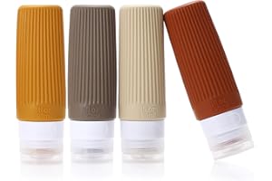 LUFEVRM Flacon Voyage Silicone,sans BPA,90ml lot de 4 en silicone anti-fuite rechargeables portables vides accessoires taille de voyage,lotion cosmétique liquide,shampooing,revitalisant (Brun)