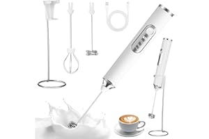 TIDEVAN Mousseur à Lait Électrique Rechargeable Mousseur a Lait, 3 Vitesses Petit Mixeur avec 2 têtes Mini Fouet, Support en Acier Inoxydable, pour Cafés, Lattés, Cappucinos et Machiattos (Blanc)
