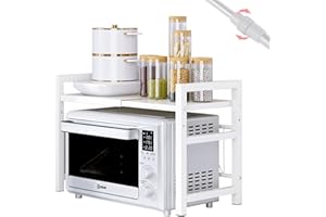‎VEOOL Veool Mikrowellen Regal,2-Tier Expandable Microwave Shelf Mit 6 Haken,FüR Die Arbeitsplatte KüChe、BäCkerregal Mit、Standregal Mit,Stufiges Erweiterbares 42-64cm Weiß
