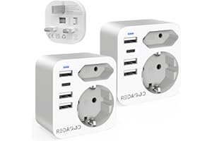 Adaptador Enchufe Ingles a español, Redagod Adaptador Enchufe UK Adaptador de Viaje Irlanda/Ingles/Escocia/Gales,Adaptador Tipo g 2 Tomas y 3 Puertos USB y 1 Puerto USB-C Para Reino Unido 2 paquetes
