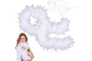 ATBEAMEN 2m/6.6ft White Feather Boa for Women Girls,80g Natural Turkey Feather Boas and Heart Sunglasses Fancy Dress for Adult,Kids,Fluffy Boa Feather Scarffor Dancing Bachelor Hen Halloween Xmas Party