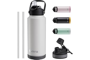 Exllena Insulated Water Bottles with Straw - 1 Litre, Stainless Steel Double-Wall Vacuum Thermal Water Bottle, Leakproof, BPA-Free (Beige)
