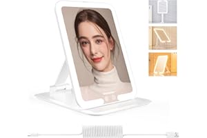 WOBSION Travel Mirror with Light, Led Light Up Mirrors for Makeup, Rechargeable Light Mirror with 3 Color for Handbag, Gifts for Girls, Adjustable Stand, White