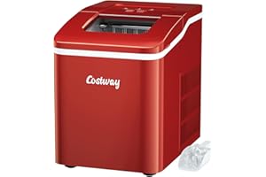 COSTWAY Macchina del Ghiaccio 12KG/24h, 9 Cubetti di Ghiaccio in 8 Minuti, Funzione Autopulente, Fabbricatore Ghiaccio Silenzioso, 120W (Rosso)