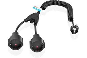 HITRENDS Cable Alargador en Espiral, 1 a 2 Enchufes de Protección Cable en Espiral Extensible de 0,9M a 3M máx., IP20 Cable Alargador con 2 Tomas de Corriente, Enchufe Schuko Doble 3 x 1,0 mm²(230V/16 A),Negro
