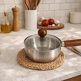 HEEJ Stainless Steel Mini Pan with Brushed And Mirror Polish Finish, 1 Litre Capacity, Silver With Brown Wooden Handle, Ideal