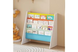 Rainbow Tree 4-Tier Children Sling Book Rack Bookshelf Wooden, Easy-to-Reach Storage for Books, Kids Book Rack Storage Bookshelf with Deep Sleeves, Ideal for Playrooms & Homeschooling (Yellow)