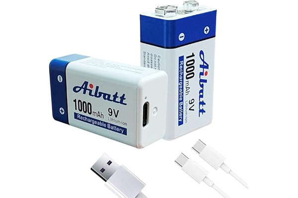 Aibatt Batteri 9V 1000 mAh, med laddningskontakt Typ C, Li-ION 6F22 uppladdningsbart batteri för mikrofon, rökdetektor, elekt