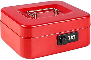 Parrency Cash Box with Combination Lock, Safe Metal Small Locking Box with Money Tray, 7 4/5" x 6 4/5" x 3 3/5", Red