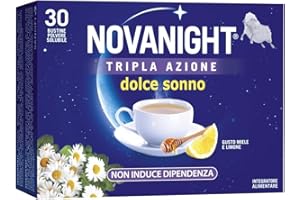 NOVANIGHT Tripla Azione Dolce Sonno, Tisana Solubile, Estratti per Dormire Meglio, con Melatonina, Melissa e Magnesio, Senza Glutine, 30 Bustine al Gusto Miele e Limone