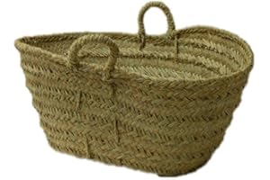 BIRDIKUS Capazo de Esparto o leñero de fibras naturales. Ovalado, cesto para la leña o decoración (4V, Aprox. 50-55x30 cm)