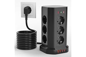 TE-RICH 16 en 1 Tour Multiprise Parafoudre, 12 Prises Multiprise Electrique avec 2 Ports USB-A et 2 Ports USB-C, Multiprise avec Interrupteur et Surtension pour Bureau Maison Voyage, 2M Câble, Noir (12 AC)