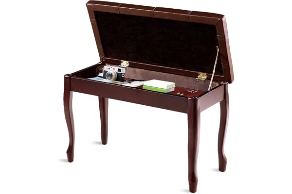 COSTWAY Banquette Piano 2 Places en Bois, avec Pieds Curvés, Coussin Rayé Rembourré en Cuir PU et Compartiment de Rangement, 75x35x49CM, Charge Max 150KG, pour Usage Professionnel/Privé (Marron)