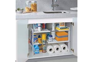 Warmiehomy 2 Niveles Estantería de Almacenaje Debajo Fregadero, Estantería de Cocina de Acero Inoxidable, Extensible Multifunción Ajustable, para Cocina y Mueble de Baño, Blanco, (50-70) x26.5x39cm