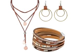 XFSRG Joyas De Mujer Conjunto De Joyas Bohemio Collar Con Colgante Pendientes De Aro Y Pulsera De Cuero Para Ocasiones Especiales
