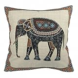 Luxbon Baumwolle Leinen Kissenbezug Kissenhülle Dekokissen für Hause Zimmer Sofa Auto 45 x 45 cm Tapestry Jacquard Retro indischer Elefant
