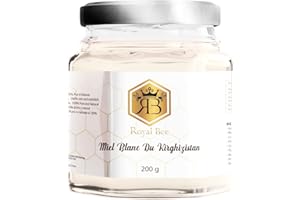 ROYAL BEE Miel blanc du Kirghizistan 200g + 1 Cuillère en bois Naturel Biodégradable | 100 % naturel brut pur non filtré - Pot en verre - Qualité Premium - Sans Conservateur
